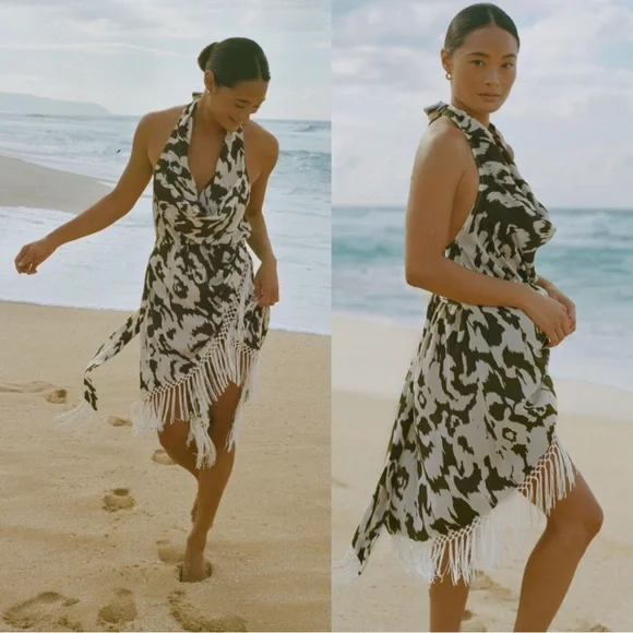 ANTHROPOLOGIE Olive Green & White Satin Fringe Cover Up Halter Dress - Picture 6 of 15